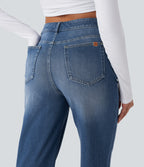 Mid Rise Rolled Hem Casual Straight Leg Jeans with Pockets — Estate Blue Denim — view 5
