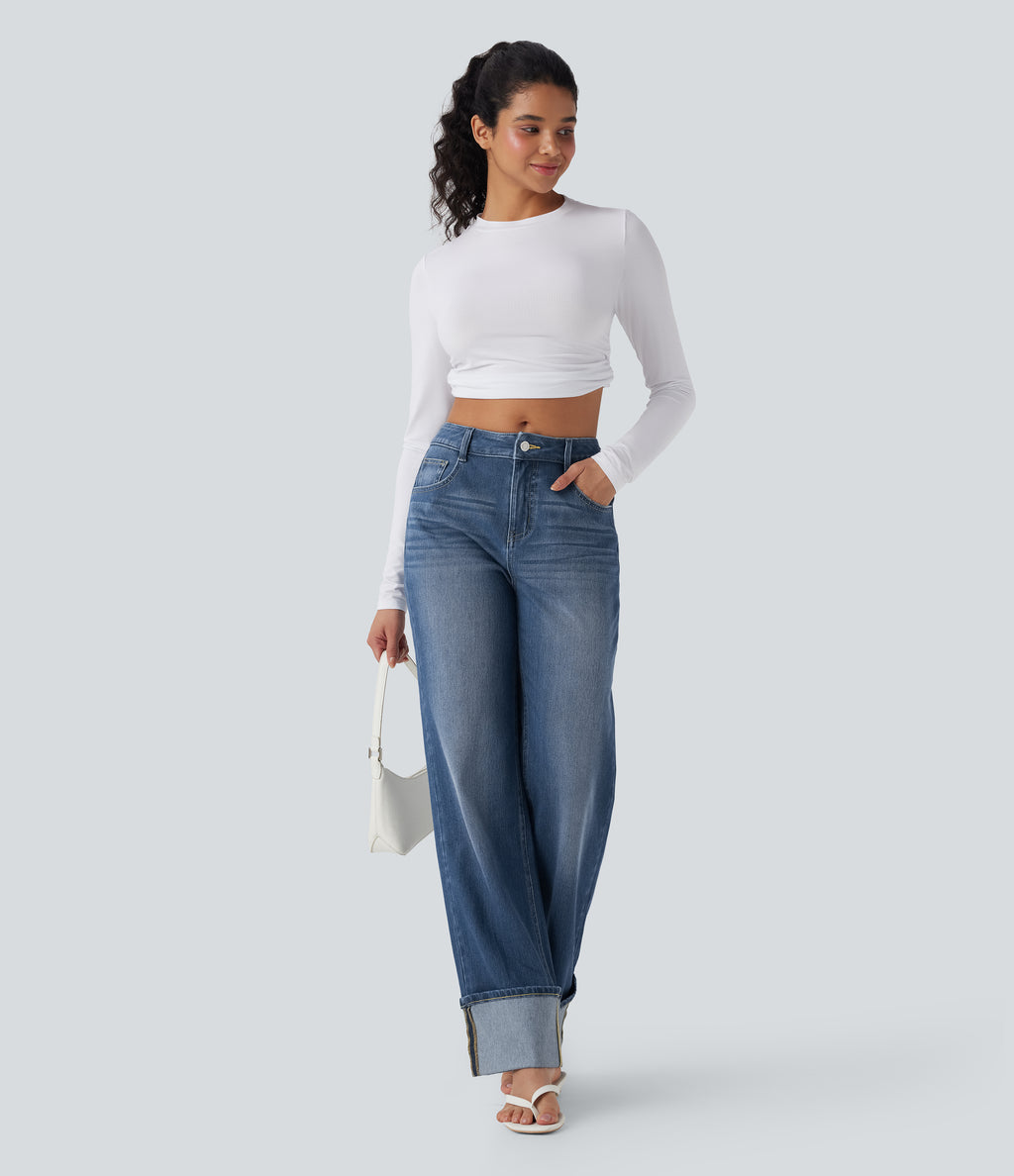 Mid Rise Rolled Hem Casual Straight Leg Jeans with Pockets — Estate Blue Denim — view 7