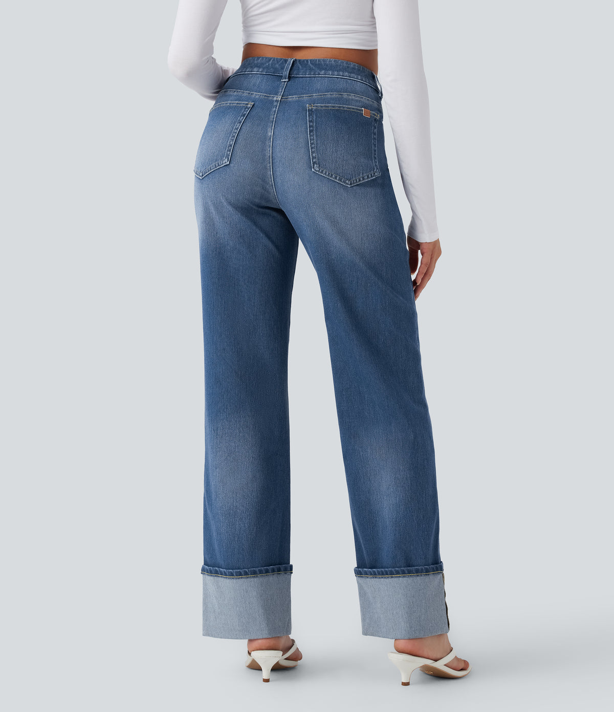 Mid Rise Rolled Hem Casual Straight Leg Jeans with Pockets — Estate Blue Denim — view 2