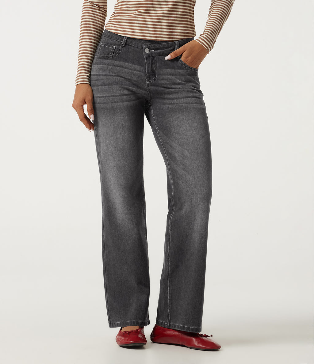 Asymmetric Low Rise Straight Leg Casual Jeans with Pockets — Cool Gray Denim — view 3