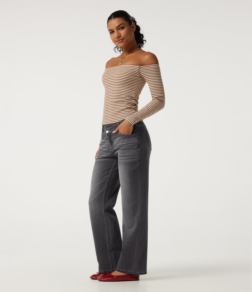 Asymmetric Low Rise Straight Leg Casual Jeans with Pockets — Cool Gray Denim — view 6
