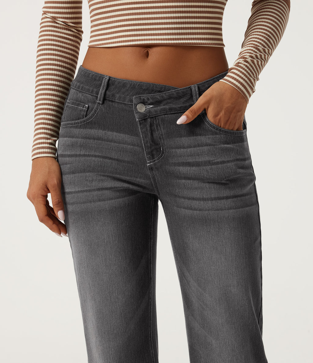 Asymmetric Low Rise Straight Leg Casual Jeans with Pockets — Cool Gray Denim — view 4