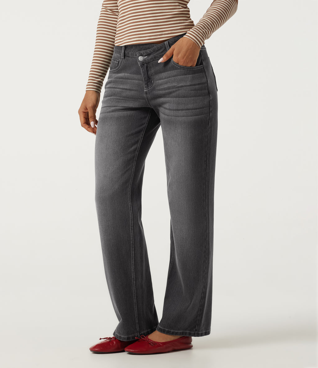 Asymmetric Low Rise Straight Leg Casual Jeans with Pockets — Cool Gray Denim — view 1