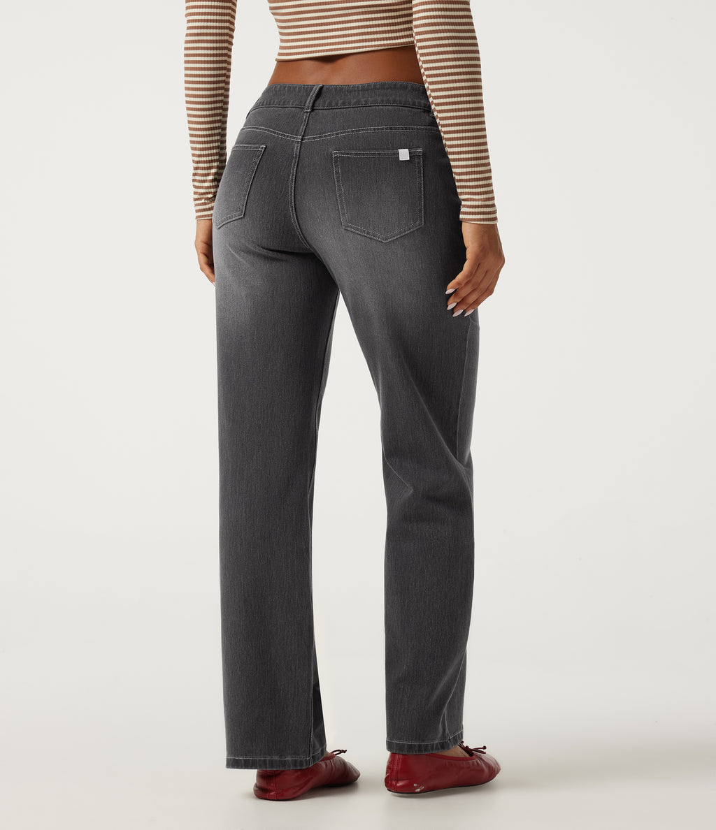 Asymmetric Low Rise Straight Leg Casual Jeans with Pockets — Cool Gray Denim — view 2