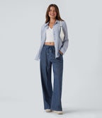 Low Rise Drawstring Wide Leg Silver Shine Casual Sweatpants Jeans with Pockets — Tide Blue Denim — view 7