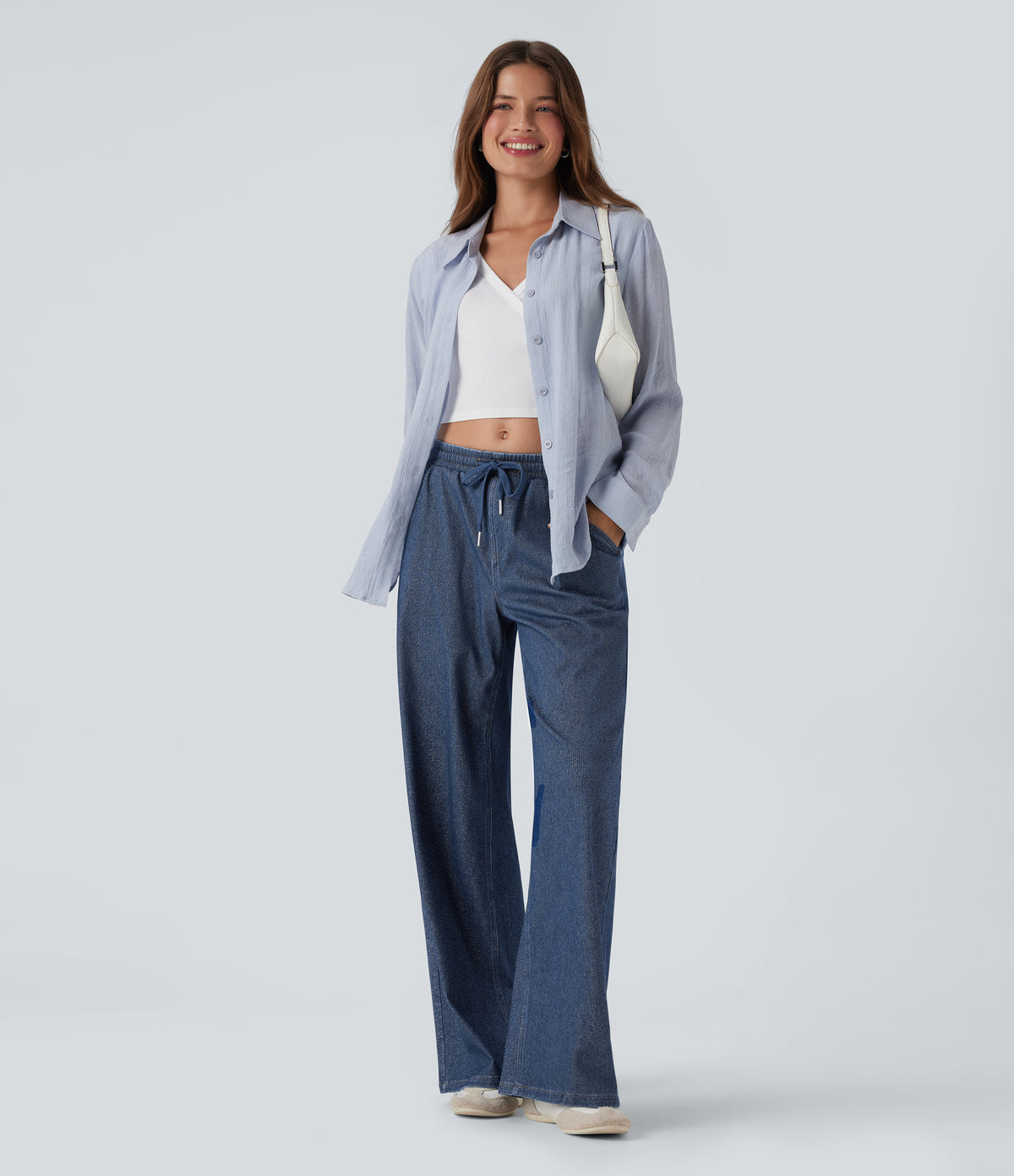 Low Rise Drawstring Wide Leg Silver Shine Casual Sweatpants Jeans with Pockets — Tide Blue Denim — view 7