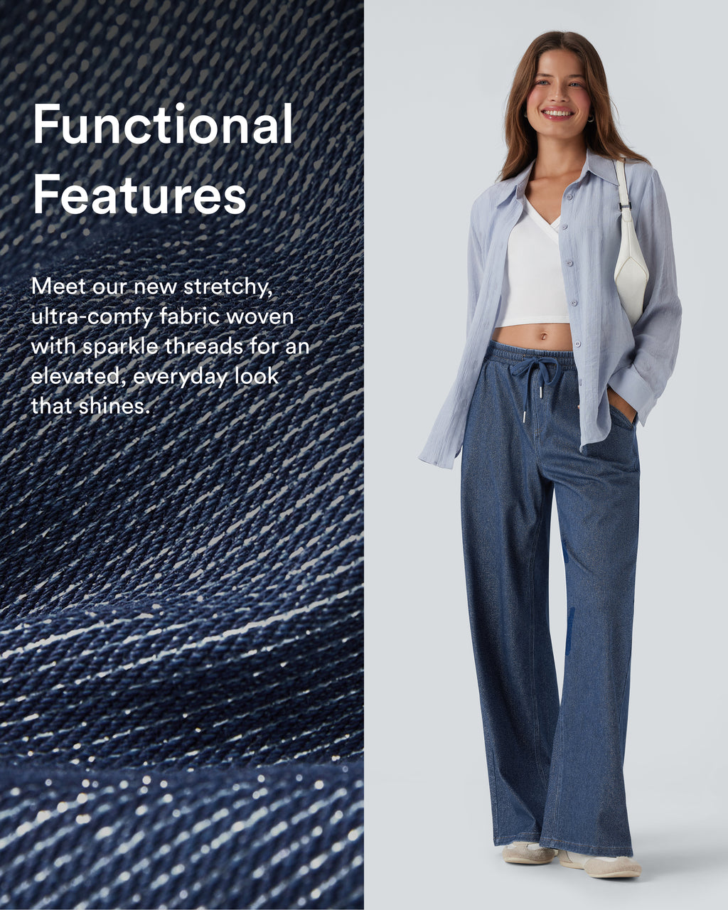Low Rise Drawstring Wide Leg Silver Shine Casual Sweatpants Jeans with Pockets — Tide Blue Denim — view 2