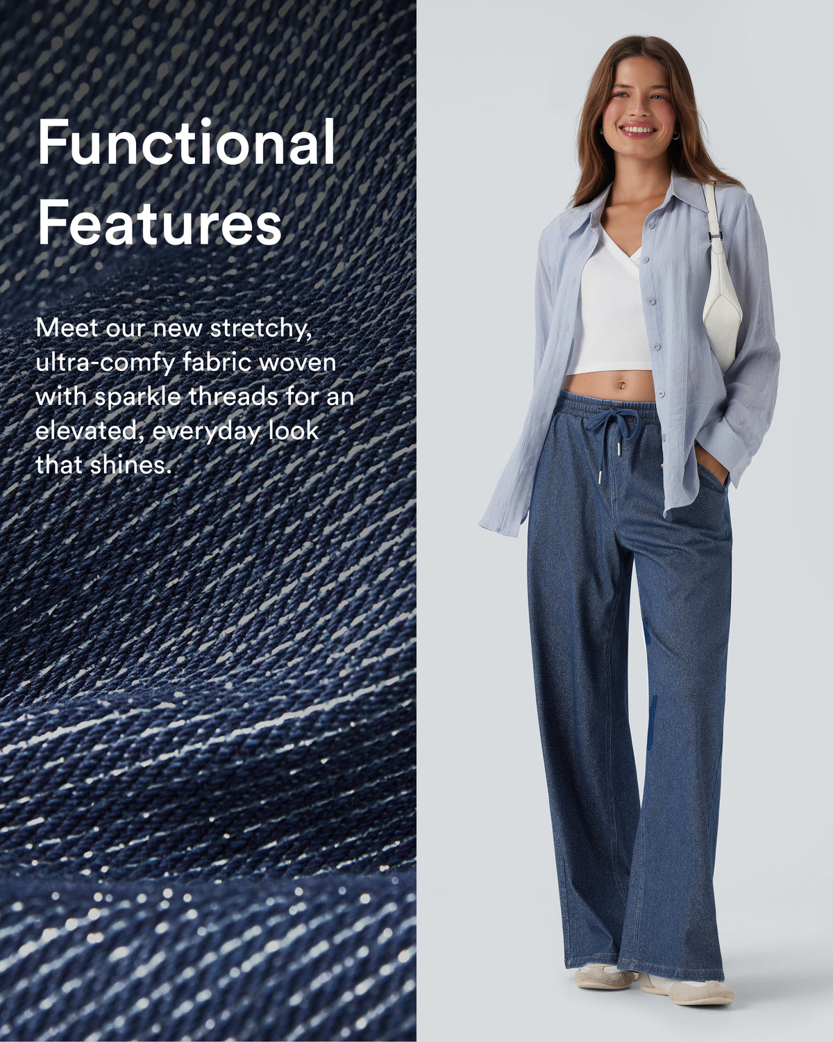 Low Rise Drawstring Wide Leg Silver Shine Casual Sweatpants Jeans with Pockets — Tide Blue Denim — view 2