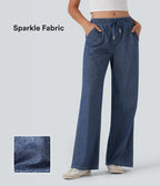 Low Rise Drawstring Wide Leg Silver Shine Casual Sweatpants Jeans with Pockets — Tide Blue Denim — view 1