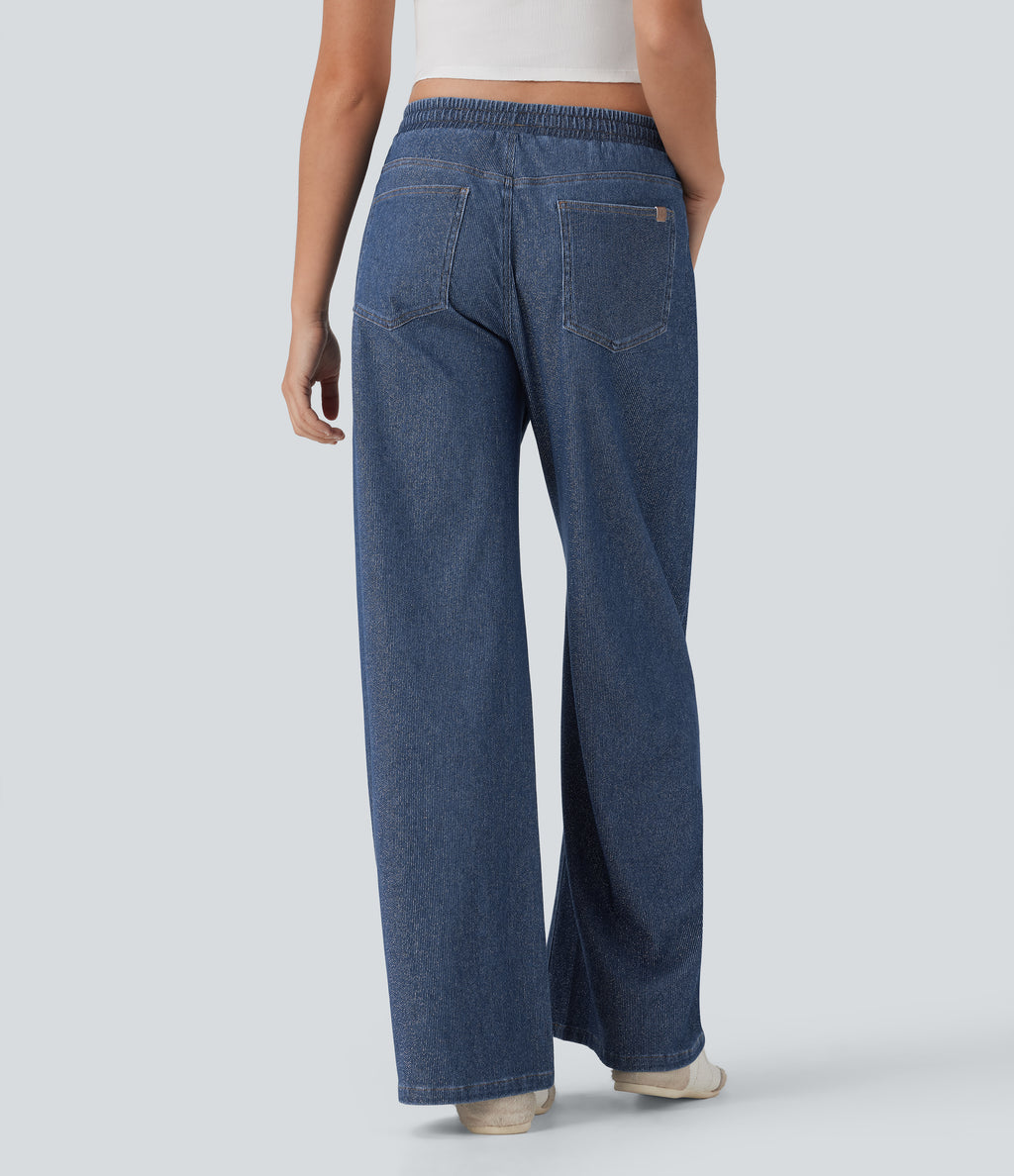 Low Rise Drawstring Wide Leg Silver Shine Casual Sweatpants Jeans with Pockets — Tide Blue Denim — view 3