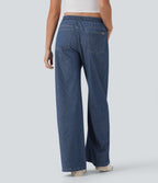 Low Rise Drawstring Wide Leg Silver Shine Casual Sweatpants Jeans with Pockets — Tide Blue Denim — view 3