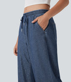 Low Rise Drawstring Wide Leg Silver Shine Casual Sweatpants Jeans with Pockets — Tide Blue Denim — view 5