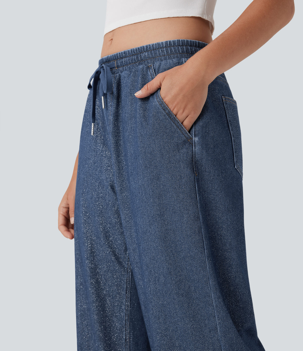 Low Rise Drawstring Wide Leg Silver Shine Casual Sweatpants Jeans with Pockets — Tide Blue Denim — view 5