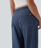 Low Rise Drawstring Wide Leg Silver Shine Casual Sweatpants Jeans with Pockets — Tide Blue Denim — view 6