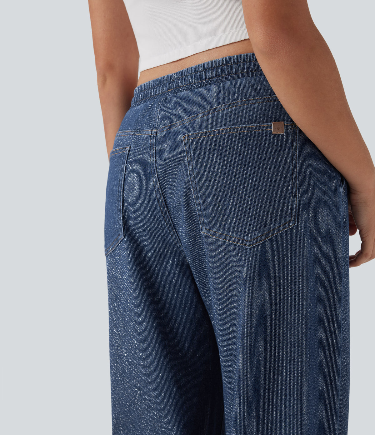 Low Rise Drawstring Wide Leg Silver Shine Casual Sweatpants Jeans with Pockets — Tide Blue Denim — view 6