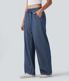 Low Rise Drawstring Wide Leg Silver Shine Casual Sweatpants Jeans with Pockets — Tide Blue Denim — view 4