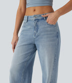 Low Rise Wide Leg Casual Jeans with Pockets — Malibu Blue Denim — view 4