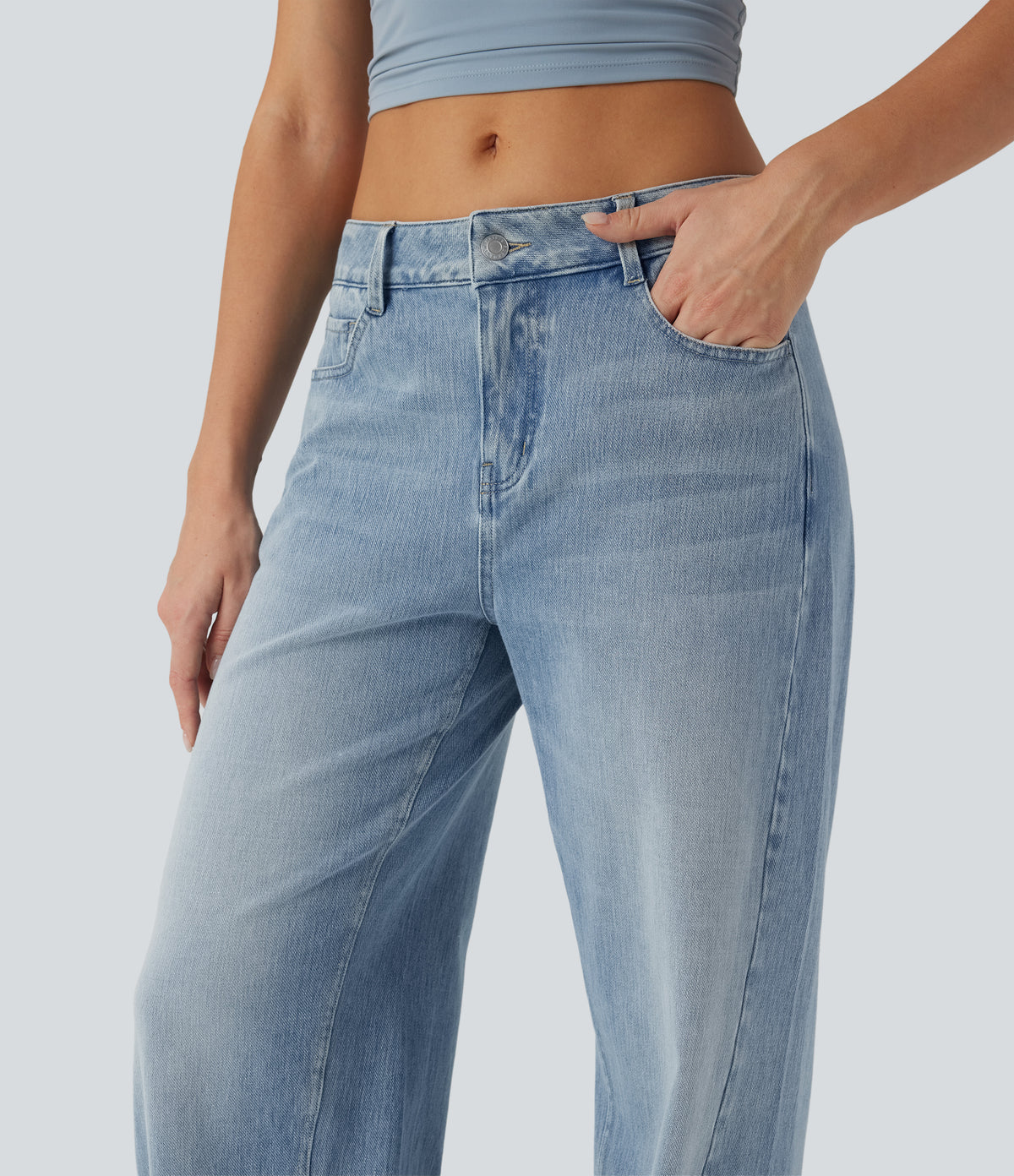 Low Rise Wide Leg Casual Jeans with Pockets — Malibu Blue Denim — view 4