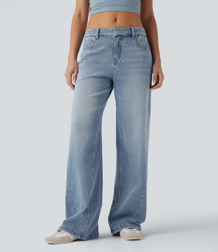 Low Rise Wide Leg Casual Jeans with Pockets — Malibu Blue Denim — view 1