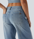 Low Rise Wide Leg Casual Jeans with Pockets — Malibu Blue Denim — view 5