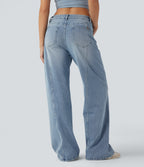 Low Rise Wide Leg Casual Jeans with Pockets — Malibu Blue Denim — view 2