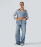 Low Rise Wide Leg Casual Jeans with Pockets — Malibu Blue Denim — view 6