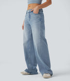 Low Rise Wide Leg Casual Jeans with Pockets — Malibu Blue Denim — view 3