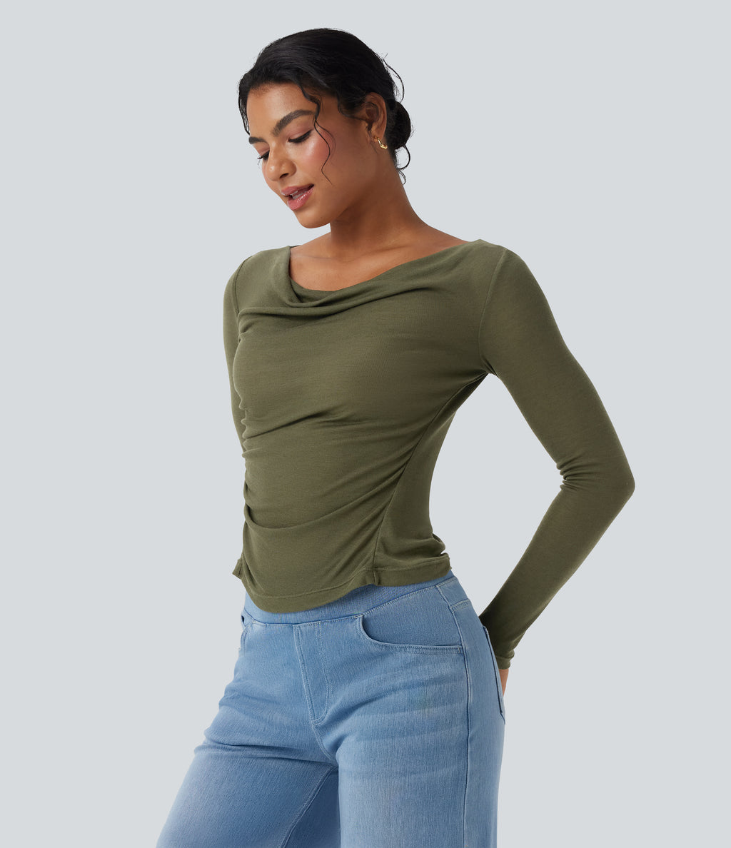 Cowl Neck Long Sleeve Ruched Casual Wool-Blend Top — Winter Moss — view 3
