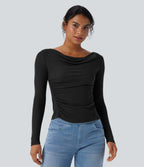 Cowl Neck Long Sleeve Ruched Casual Wool-Blend Top — Black — view 6