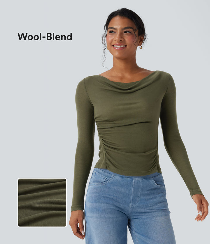 Cowl Neck Long Sleeve Ruched Casual Wool-Blend Top — Winter Moss — view 1