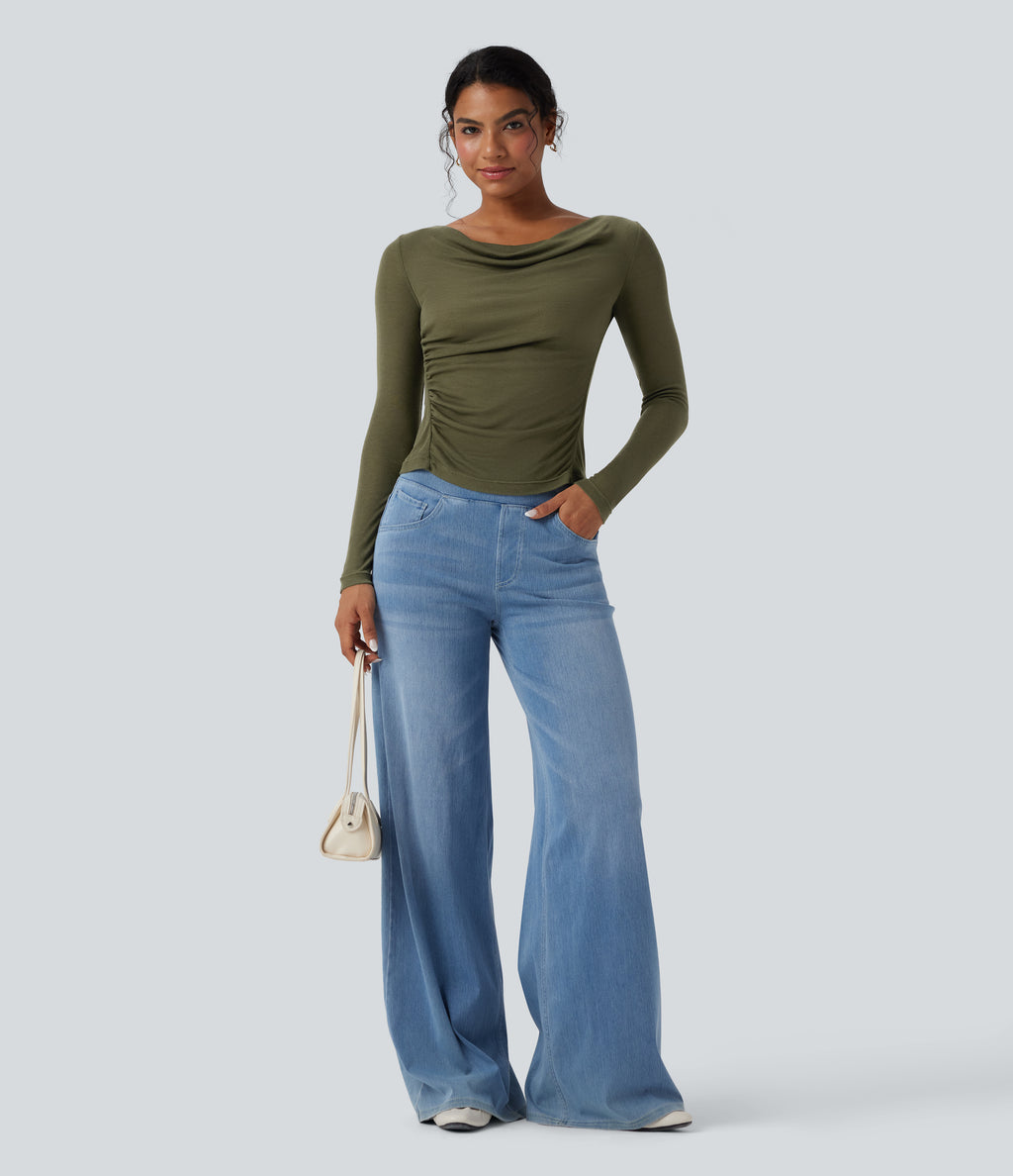 Cowl Neck Long Sleeve Ruched Casual Wool-Blend Top — Winter Moss — view 5