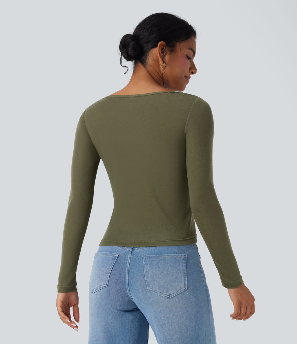 Cowl Neck Long Sleeve Ruched Casual Wool-Blend Top — Winter Moss — view 2