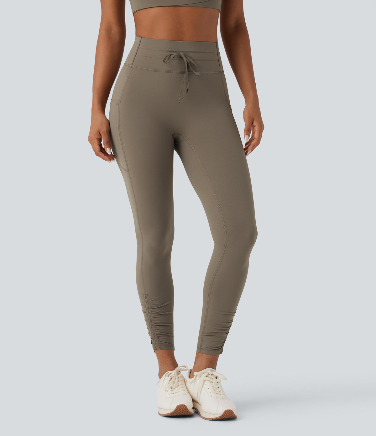 High Waisted Drawstring Tummy Control Yoga Leggings with Pockets — Dawn Brown — view 3