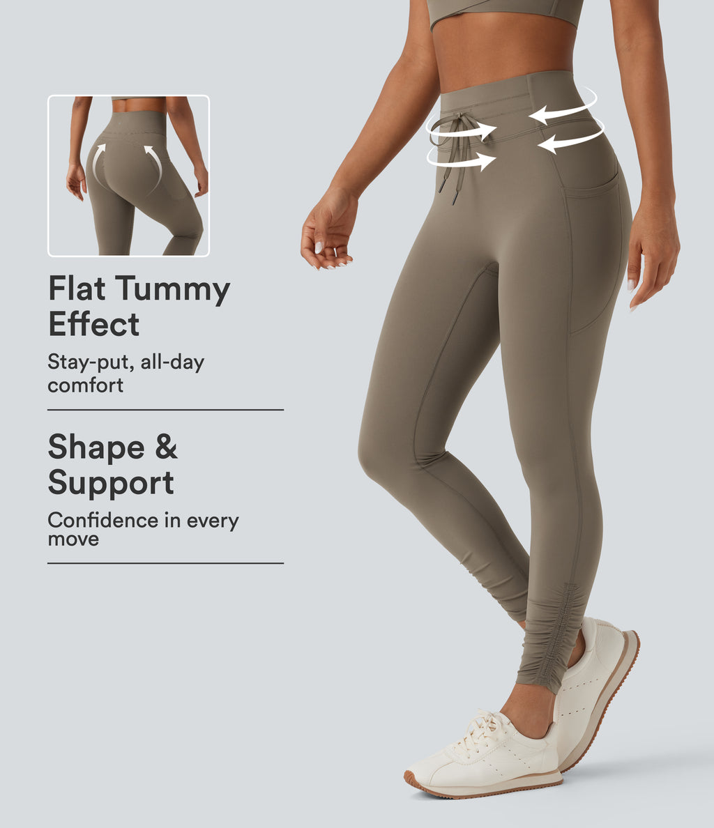 High Waisted Drawstring Tummy Control Yoga Leggings with Pockets — Dawn Brown — view 1