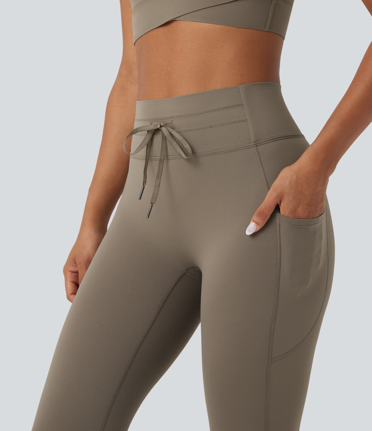 High Waisted Drawstring Tummy Control Yoga Leggings with Pockets — Dawn Brown — view 4