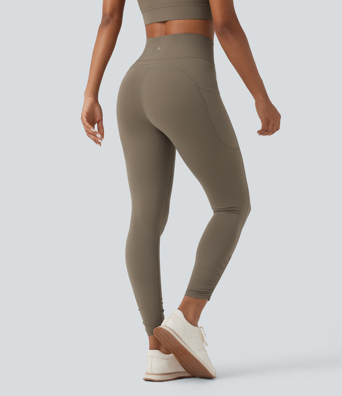 High Waisted Drawstring Tummy Control Yoga Leggings with Pockets — Dawn Brown — view 2
