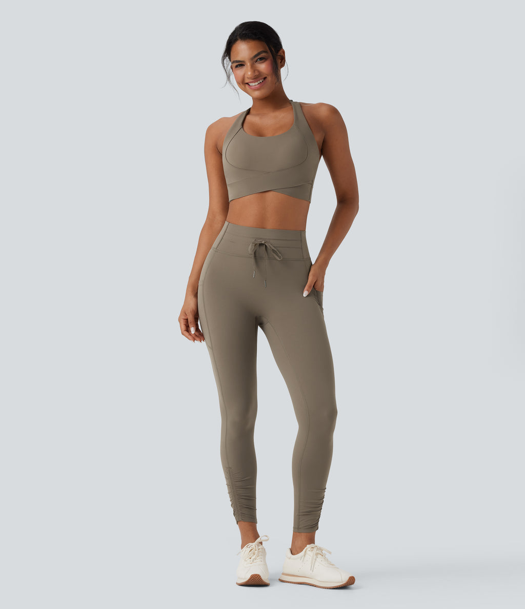 High Waisted Drawstring Tummy Control Yoga Leggings with Pockets — Dawn Brown — view 7