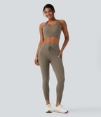 High Waisted Drawstring Tummy Control Yoga Leggings with Pockets — Dawn Brown — view 7
