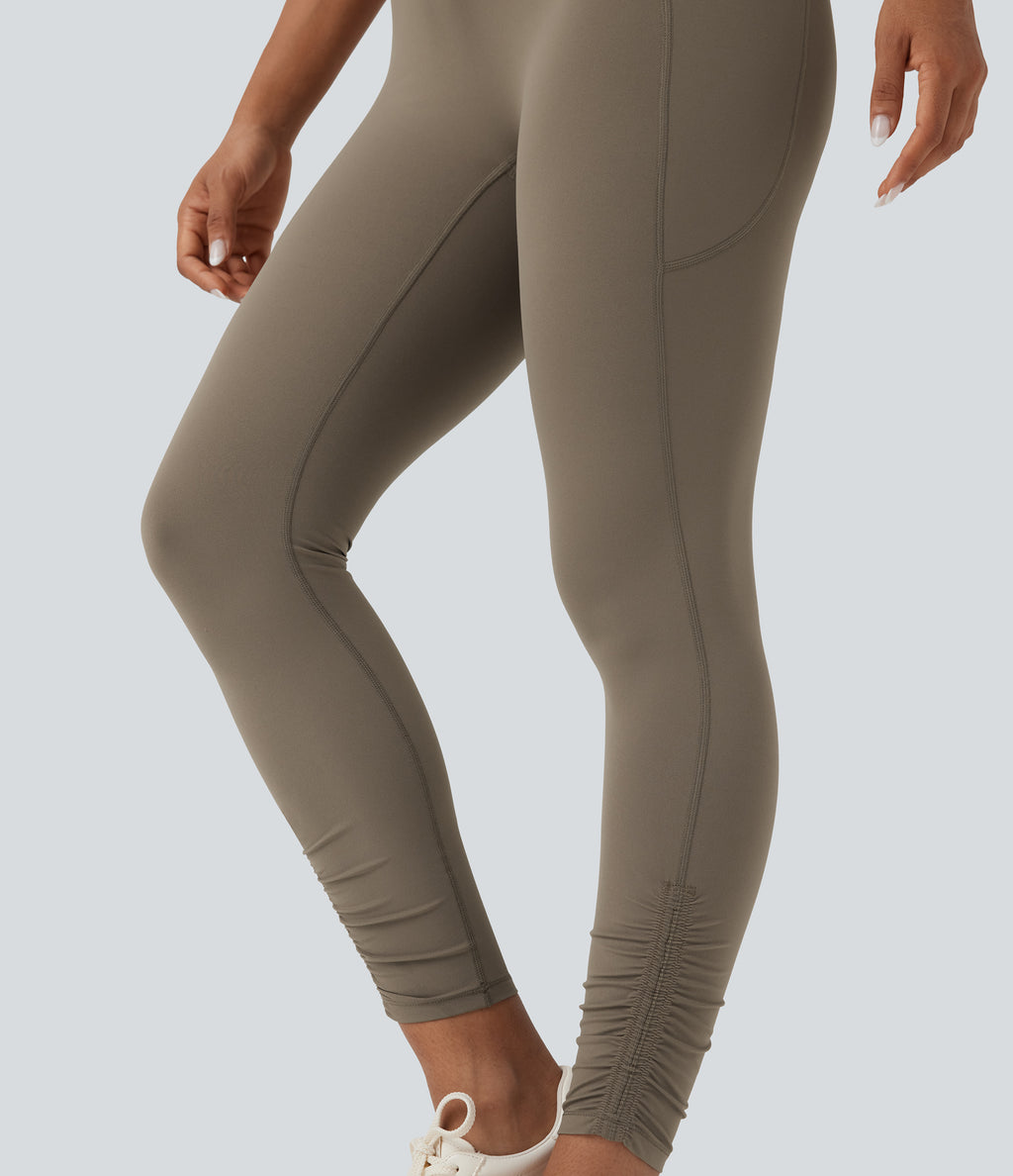 High Waisted Drawstring Tummy Control Yoga Leggings with Pockets — Dawn Brown — view 6