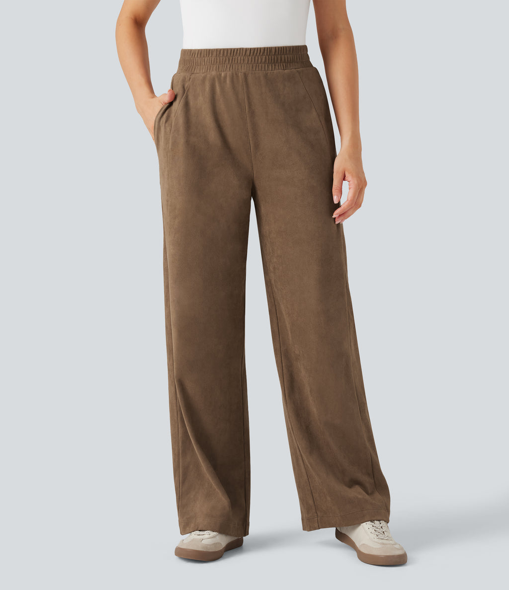 Mid Rise Suede Casual Baggy Trousers with Pockets — Coca Mocha — view 1