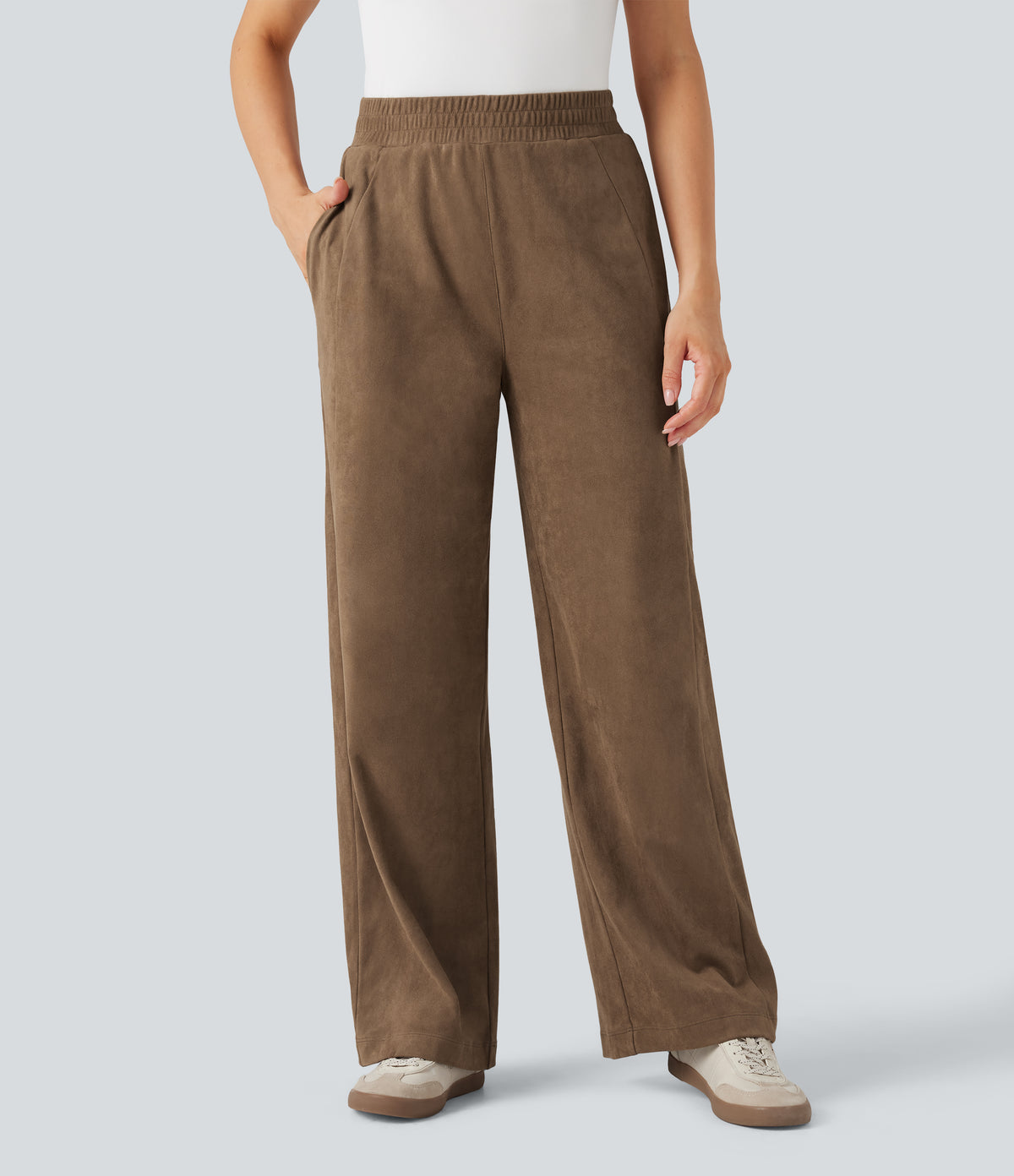 Mid Rise Suede Casual Baggy Trousers with Pockets — Coca Mocha — view 1