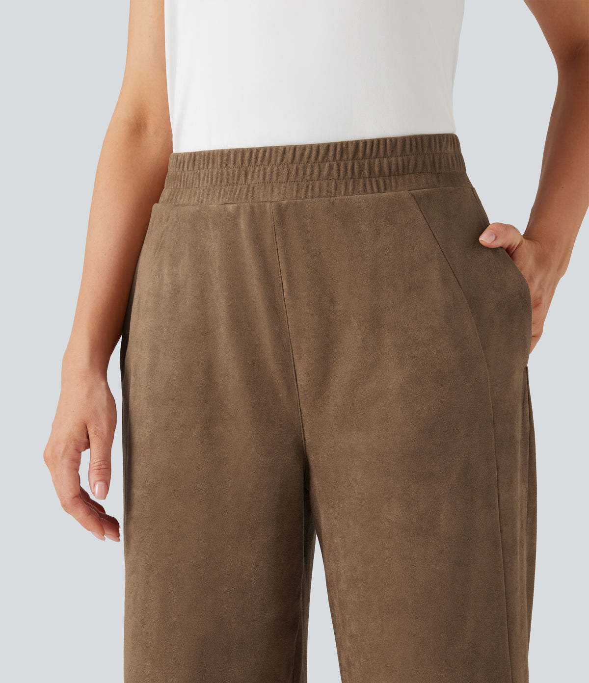 Mid Rise Suede Casual Baggy Trousers with Pockets — Coca Mocha — view 5