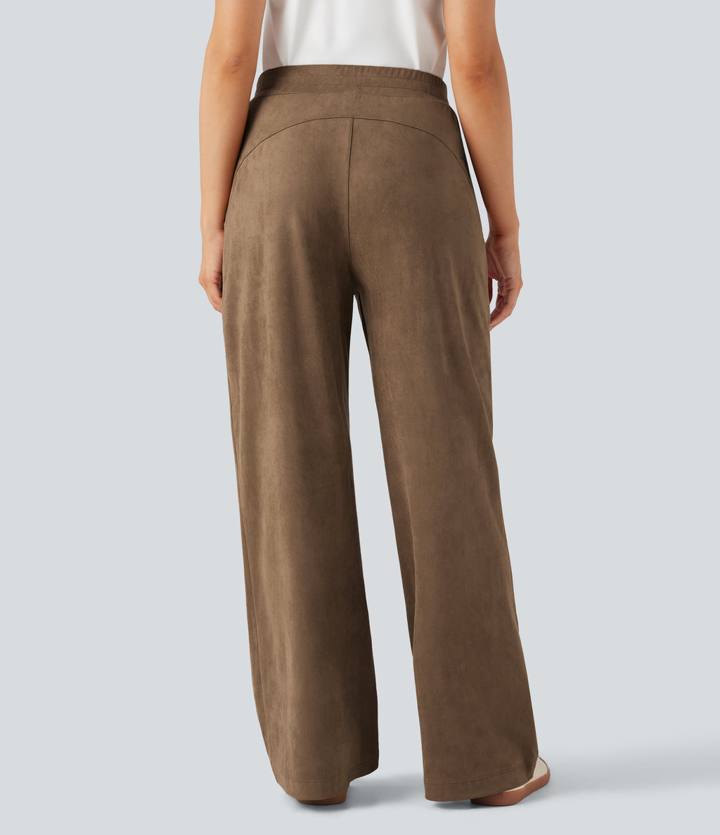 Mid Rise Suede Casual Baggy Trousers with Pockets — Coca Mocha — view 2
