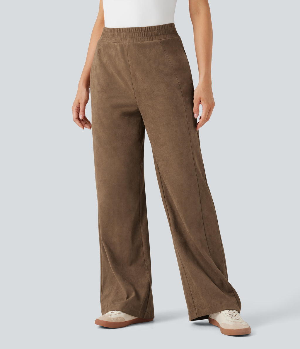 Mid Rise Suede Casual Baggy Trousers with Pockets — Coca Mocha — view 3