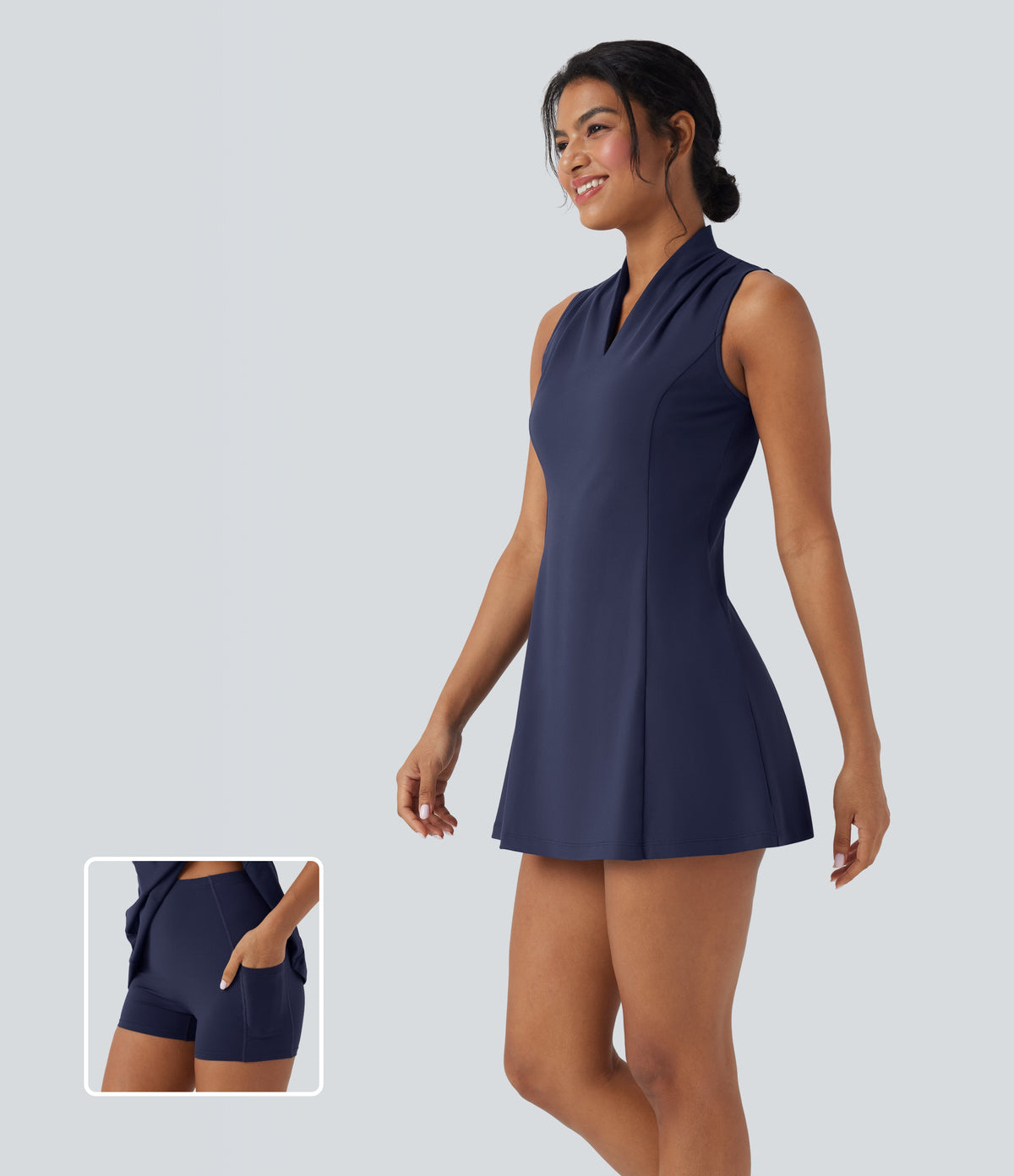 Plush V-neck Sleeveless 2-piece Mini Golf Active Dress with Pockets — Peacoat — view 1