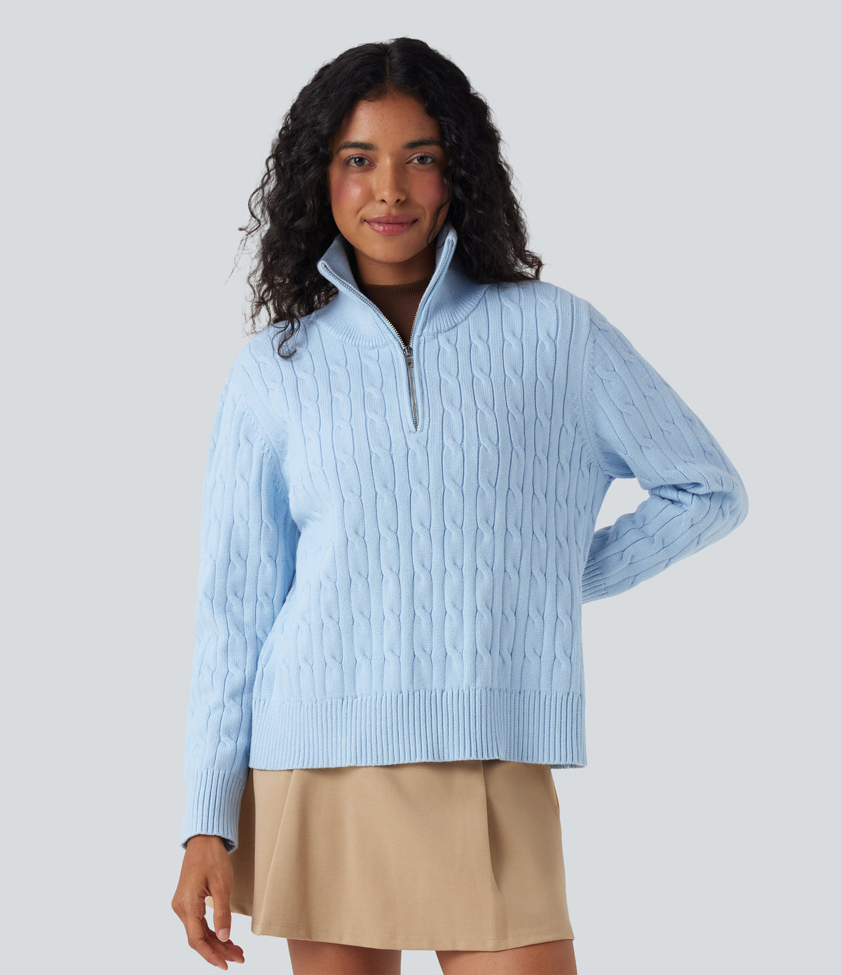 Half Zip Mock-neck Cable Knit Work Jumper — Cool Blue — view 1