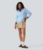 Half Zip Mock-neck Cable Knit Work Jumper — Cool Blue — view 6