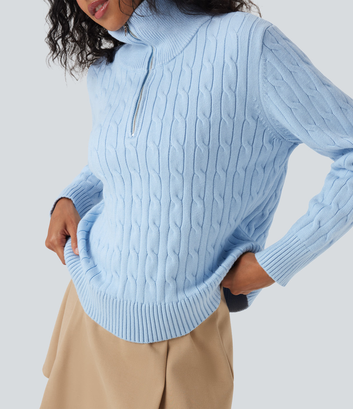 Half Zip Mock-neck Cable Knit Work Jumper — Cool Blue — view 5