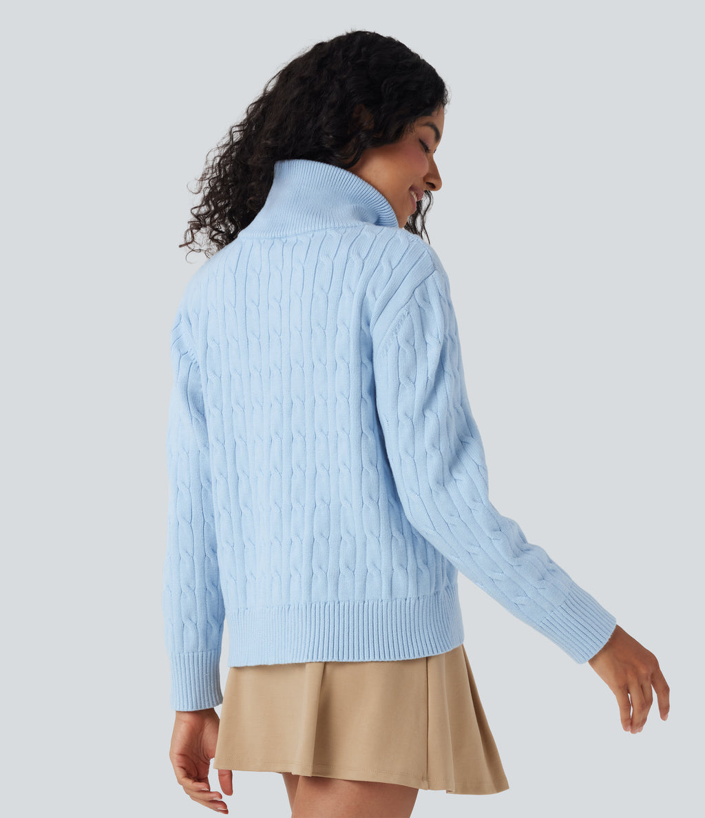 Half Zip Mock-neck Cable Knit Work Jumper — Cool Blue — view 2