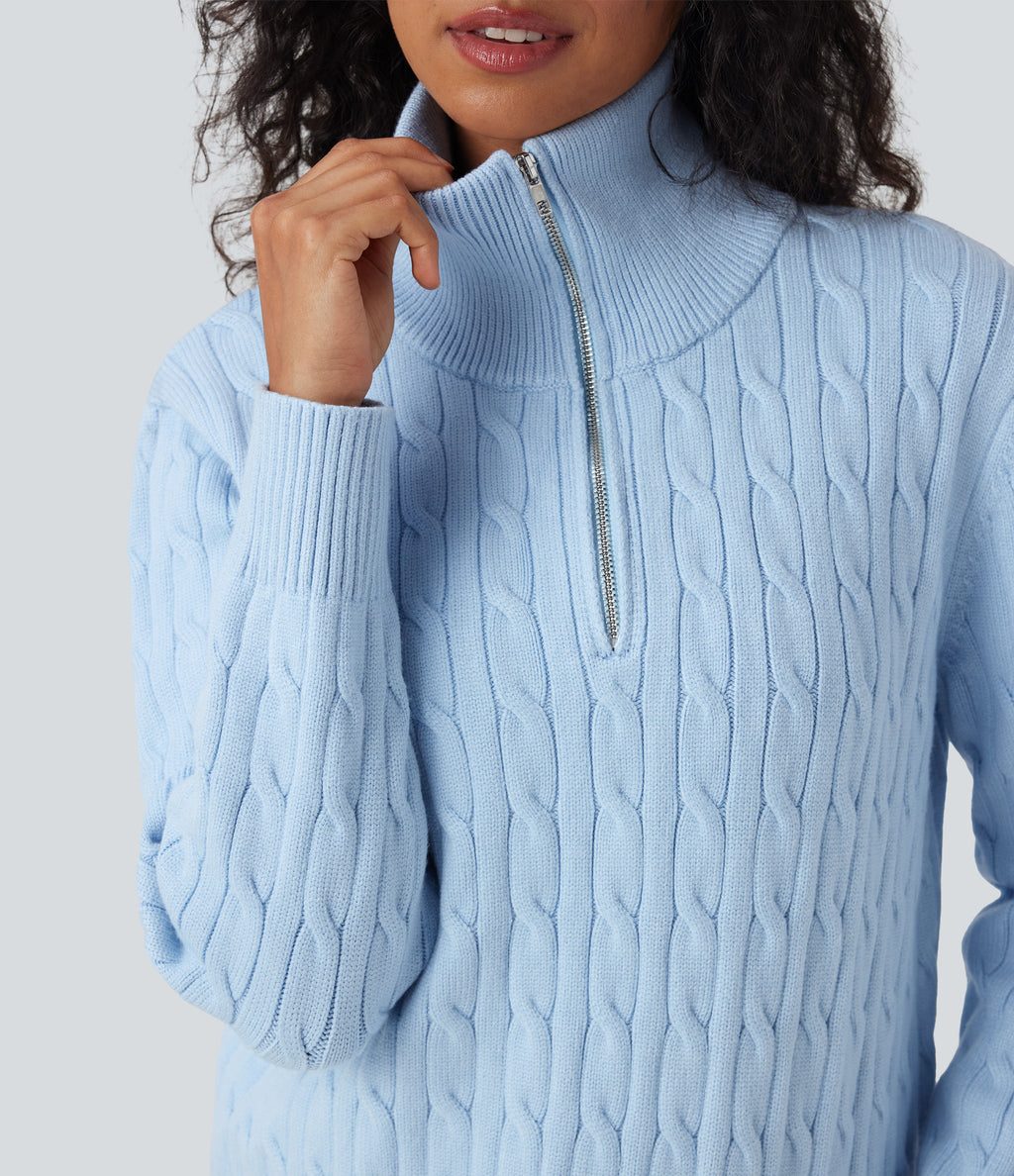 Half Zip Mock-neck Cable Knit Work Jumper — Cool Blue — view 4